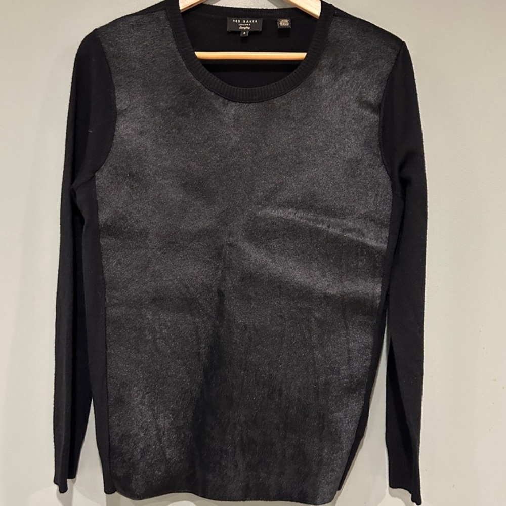 Ted Baker Black Leather Sweater Mixed Media Leather Front Wool Pullover Women M